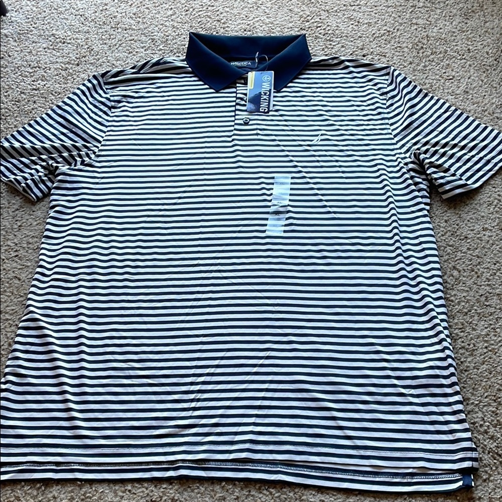 NWT Nautica Men's Striped Polo Shirt - Navy and White size XL